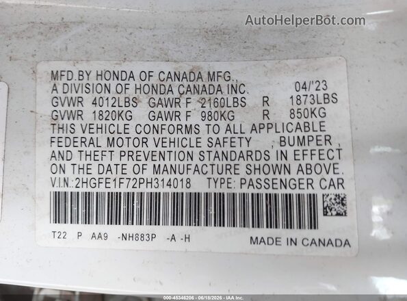 2HGFE1F72PH314018 2023 HONDA CIVIC White Widok komory silnika