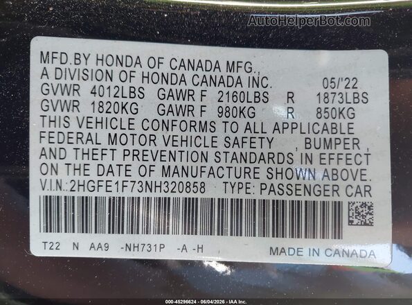 2HGFE1F73NH320858 2022 HONDA CIVIC Black Շարժիչի բաժամունքի տեսք