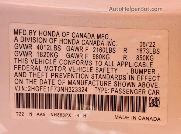2HGFE1F73NH323324 2022 HONDA CIVIC White Շարժիչի բաժամունքի տեսք