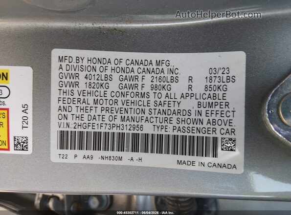 2HGFE1F73PH312956 2023 HONDA CIVIC Silver Vista del compartimento del motor