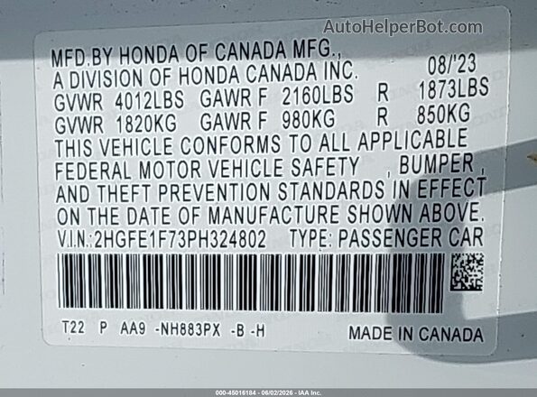 2HGFE1F73PH324802 2023 HONDA CIVIC White Widok komory silnika