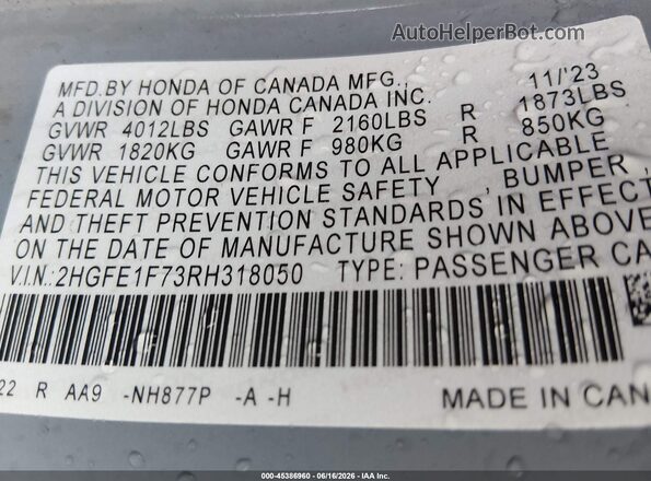 2HGFE1F73RH318050 2024 HONDA CIVIC Gray ძრავის განყოფილების ხედი