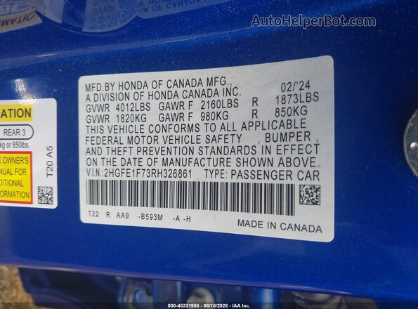 2HGFE1F73RH326861 2024 HONDA CIVIC Blue Engine compartment view