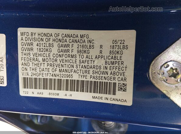 2HGFE1F74NH320965 2022 HONDA CIVIC Blue Widok komory silnika