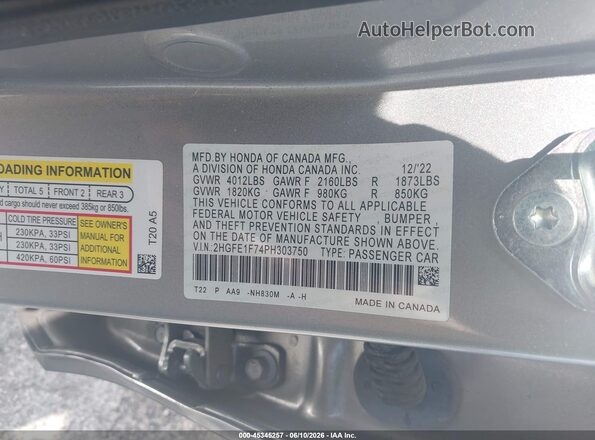 2HGFE1F74PH303750 2023 HONDA CIVIC Silver Շարժիչի բաժամունքի տեսք