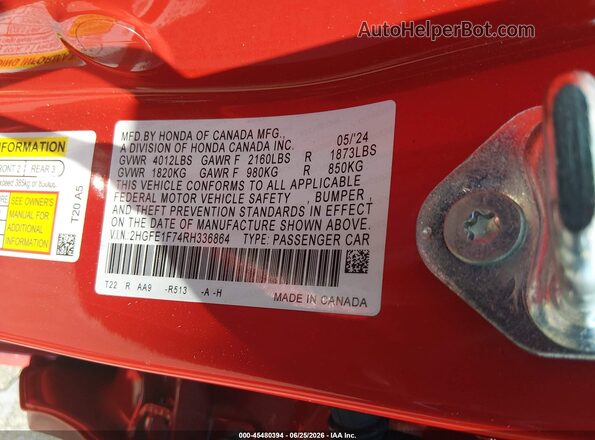 2HGFE1F74RH336864 2024 HONDA CIVIC Red ძრავის განყოფილების ხედი
