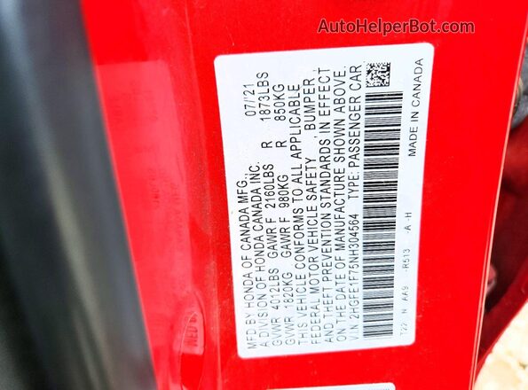 2HGFE1F75NH304564 2022 HONDA CIVIC Red ძრავის განყოფილების ხედი
