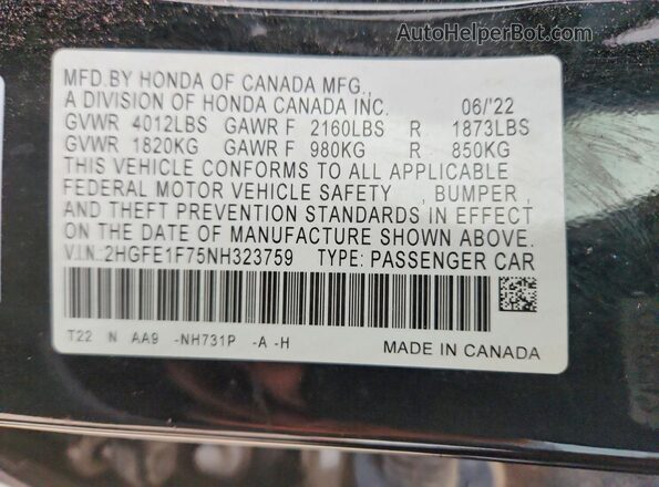 2HGFE1F75NH323759 2022 HONDA CIVIC Black Engine compartment view