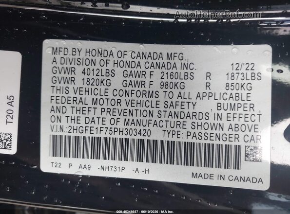 2HGFE1F75PH303420 2023 HONDA CIVIC Black ძრავის განყოფილების ხედი