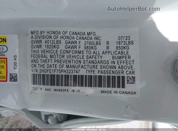 2HGFE1F75PH323747 2023 HONDA CIVIC White Vista del compartimento del motor