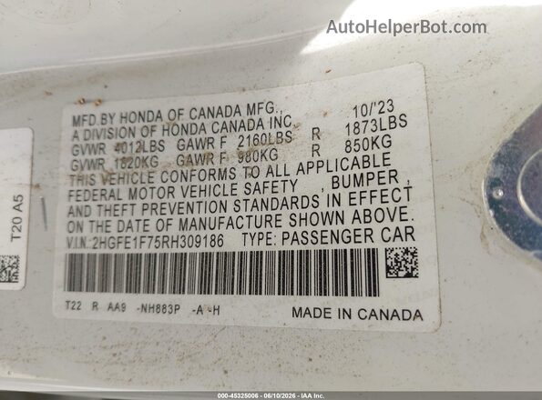 2HGFE1F75RH309186 2024 HONDA CIVIC White Vista del compartimento del motor