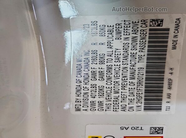 2HGFE1F75RH312119 2024 HONDA CIVIC White Շարժիչի բաժամունքի տեսք