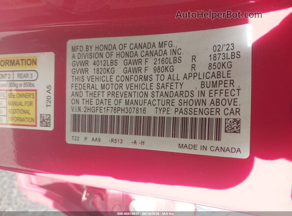 2HGFE1F76PH307816 2023 HONDA CIVIC Red Շարժիչի բաժամունքի տեսք