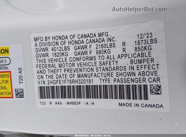 2HGFE1F76RH320181 2024 HONDA CIVIC White Вид підкапотного простору