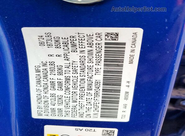2HGFE1F76RH340561 2024 HONDA CIVIC Blue 