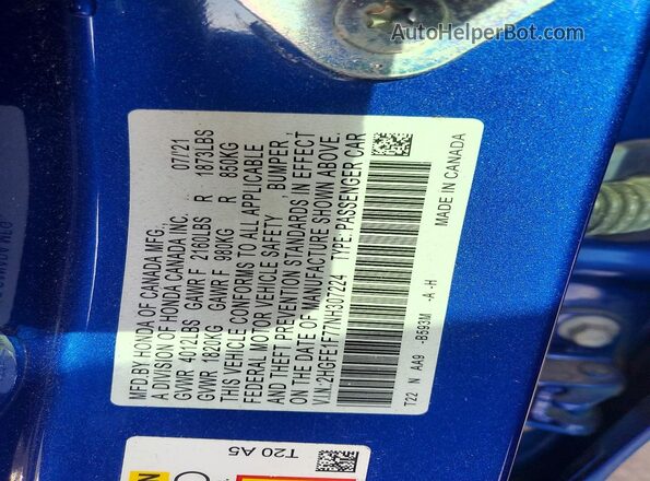 2HGFE1F77NH307224 2022 HONDA CIVIC Blue VIN კოდის სტიკერის ხედი