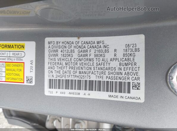 2HGFE1F77PH325175 2023 HONDA CIVIC Серебряный Вид подкапотного пространства