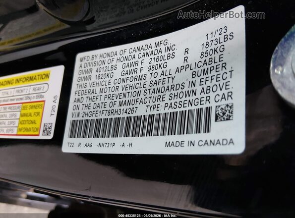 2HGFE1F78RH314267 2024 HONDA CIVIC Black ძრავის განყოფილების ხედი