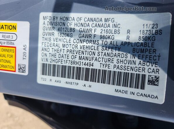 2HGFE1F78RH314494 2024 HONDA CIVIC Blue Vista del compartimento del motor
