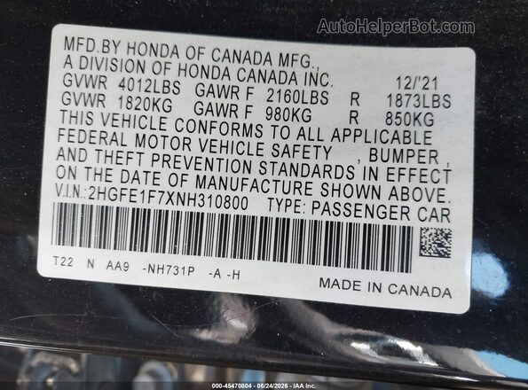 2HGFE1F7XNH310800 2022 HONDA CIVIC Черный Вид подкапотного пространства