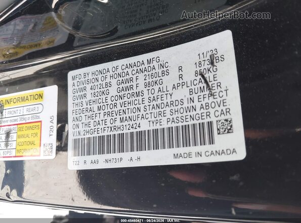 2HGFE1F7XRH312424 2024 HONDA CIVIC Black Engine compartment view
