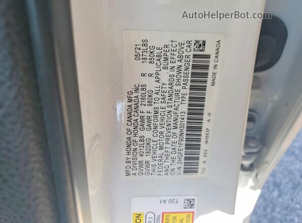 2HGFE1F90NH301413 2022 HONDA CIVIC White 
