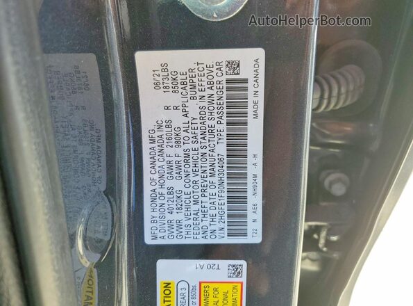 2HGFE1F90NH304067 2022 HONDA CIVIC Gray Շարժիչի բաժամունքի տեսք