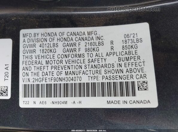 2HGFE1F90NH304070 2022 HONDA CIVIC Серый Вид подкапотного пространства