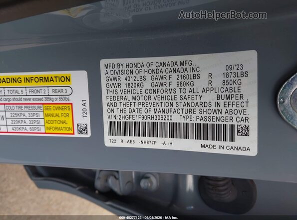2HGFE1F90RH306200 2024 HONDA CIVIC Gray Շարժիչի բաժամունքի տեսք