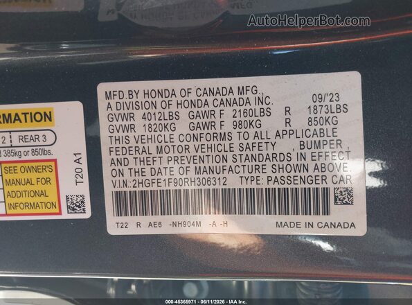 2HGFE1F90RH306312 2024 HONDA CIVIC Black Vista del compartimento del motor