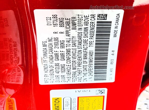 2HGFE1F91NH314851 2022 HONDA CIVIC Red 