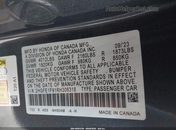 2HGFE1F91RH306318 2024 HONDA CIVIC Gray Engine compartment view