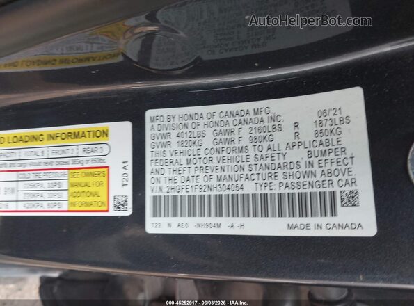 2HGFE1F92NH304054 2022 HONDA CIVIC Gray Շարժիչի բաժամունքի տեսք