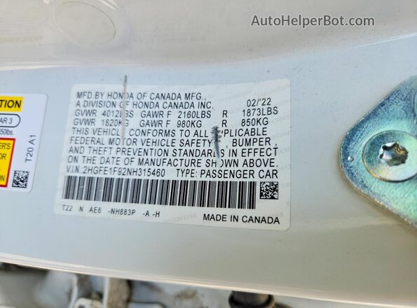 2HGFE1F92NH315460 2022 HONDA CIVIC White 