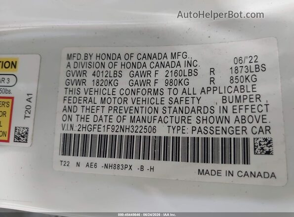 2HGFE1F92NH322506 2022 HONDA CIVIC White Vista del compartimento del motor
