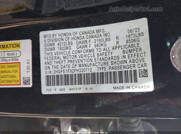 2HGFE1F92PH320712 2023 HONDA CIVIC Black ძრავის განყოფილების ხედი