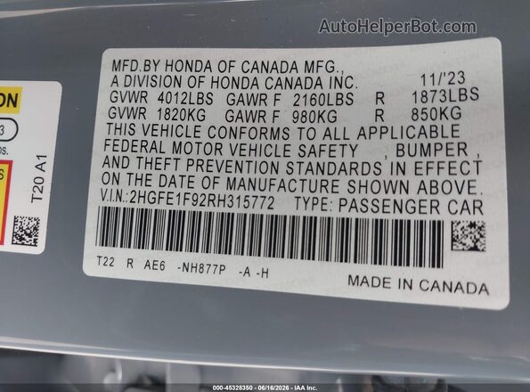 2HGFE1F92RH315772 2024 HONDA CIVIC Blue Vista del compartimento del motor