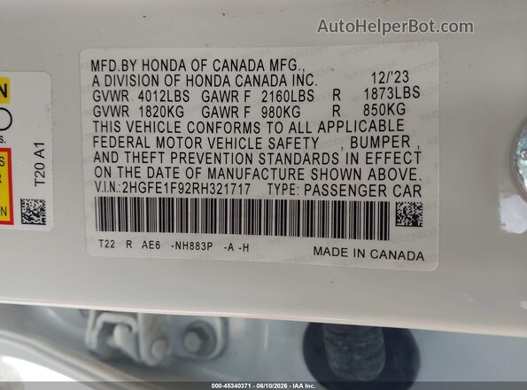 2HGFE1F92RH321717 2024 HONDA CIVIC White Widok komory silnika