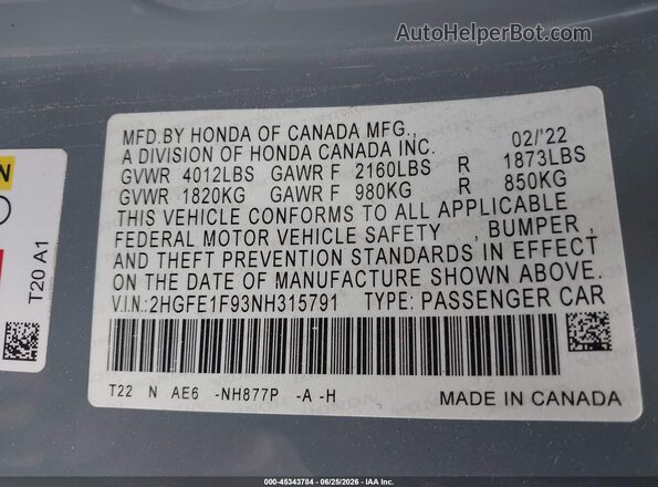 2HGFE1F93NH315791 2022 HONDA CIVIC Light Blue Vista del compartimento del motor