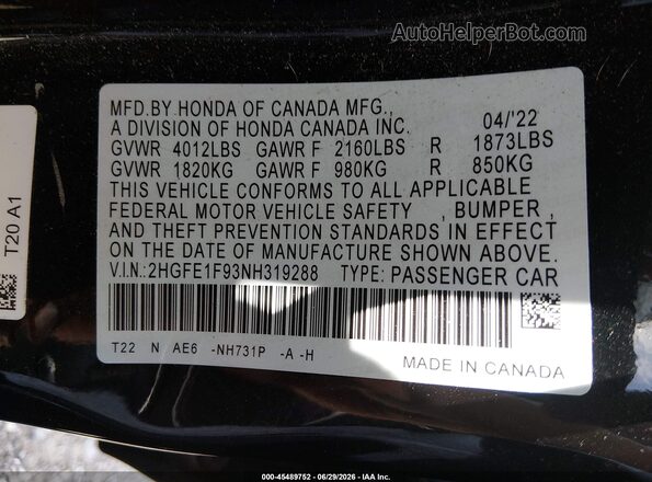 2HGFE1F93NH319288 2022 HONDA CIVIC Black ძრავის განყოფილების ხედი
