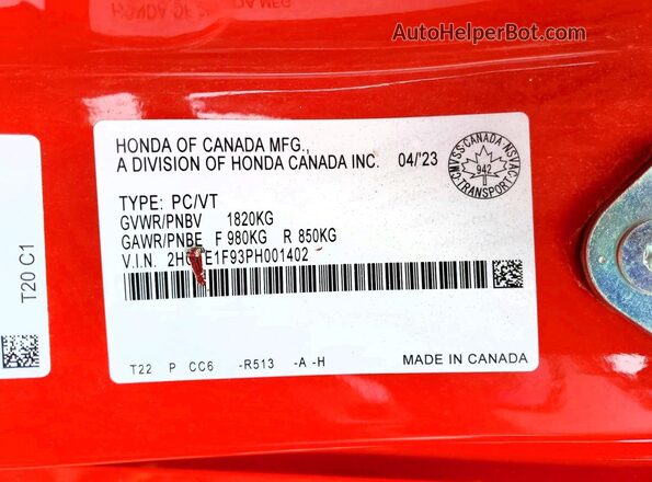 2HGFE1F93PH001402 2023 HONDA CIVIC Red 