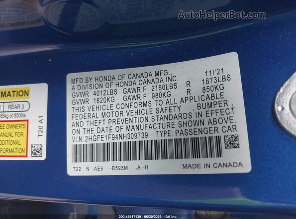 2HGFE1F94NH309739 2022 HONDA CIVIC Blue Engine compartment view
