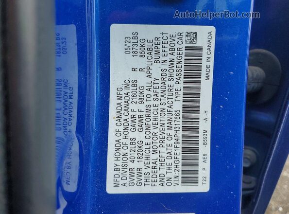 2HGFE1F94PH317665 2023 HONDA CIVIC Blue Вид підкапотного простору