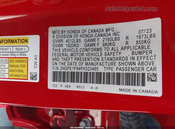 2HGFE1F94PH323465 2023 HONDA CIVIC Red Widok komory silnika