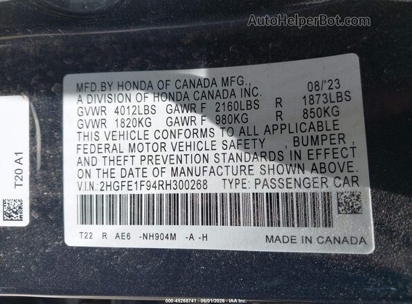 2HGFE1F94RH300268 2024 HONDA CIVIC Gray Vista del compartimento del motor