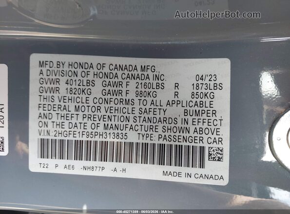2HGFE1F95PH313835 2023 HONDA CIVIC Blue Vista del compartimento del motor