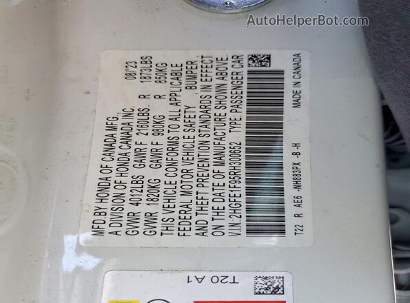 2HGFE1F95RH300652 2024 HONDA CIVIC White VIN კოდის სტიკერის ხედი