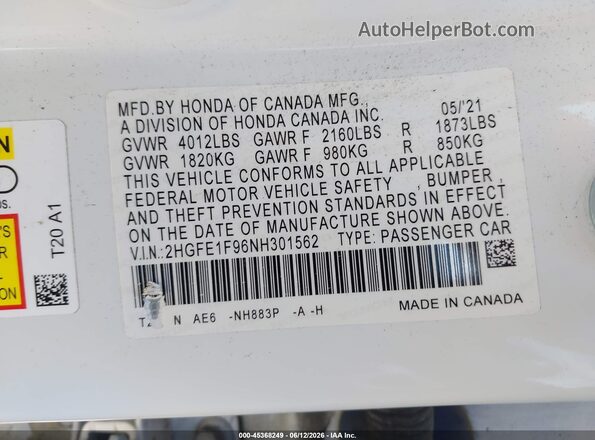 2HGFE1F96NH301562 2022 HONDA CIVIC Белый Вид подкапотного пространства