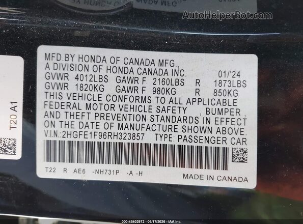 2HGFE1F96RH323857 2024 HONDA CIVIC Black Շարժիչի բաժամունքի տեսք