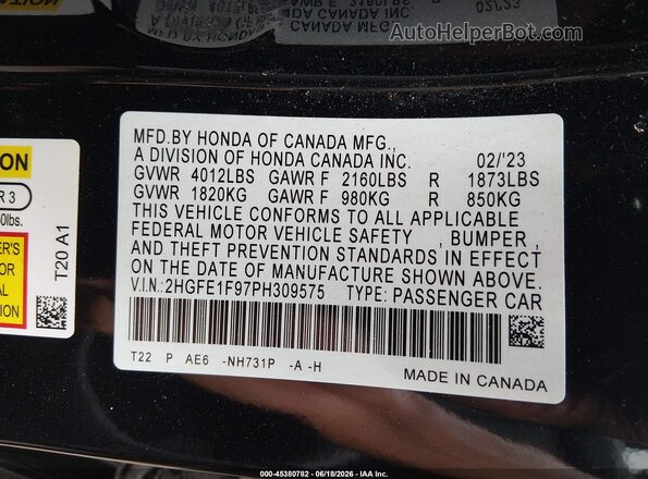 2HGFE1F97PH309575 2023 HONDA CIVIC Black Vista del compartimento del motor
